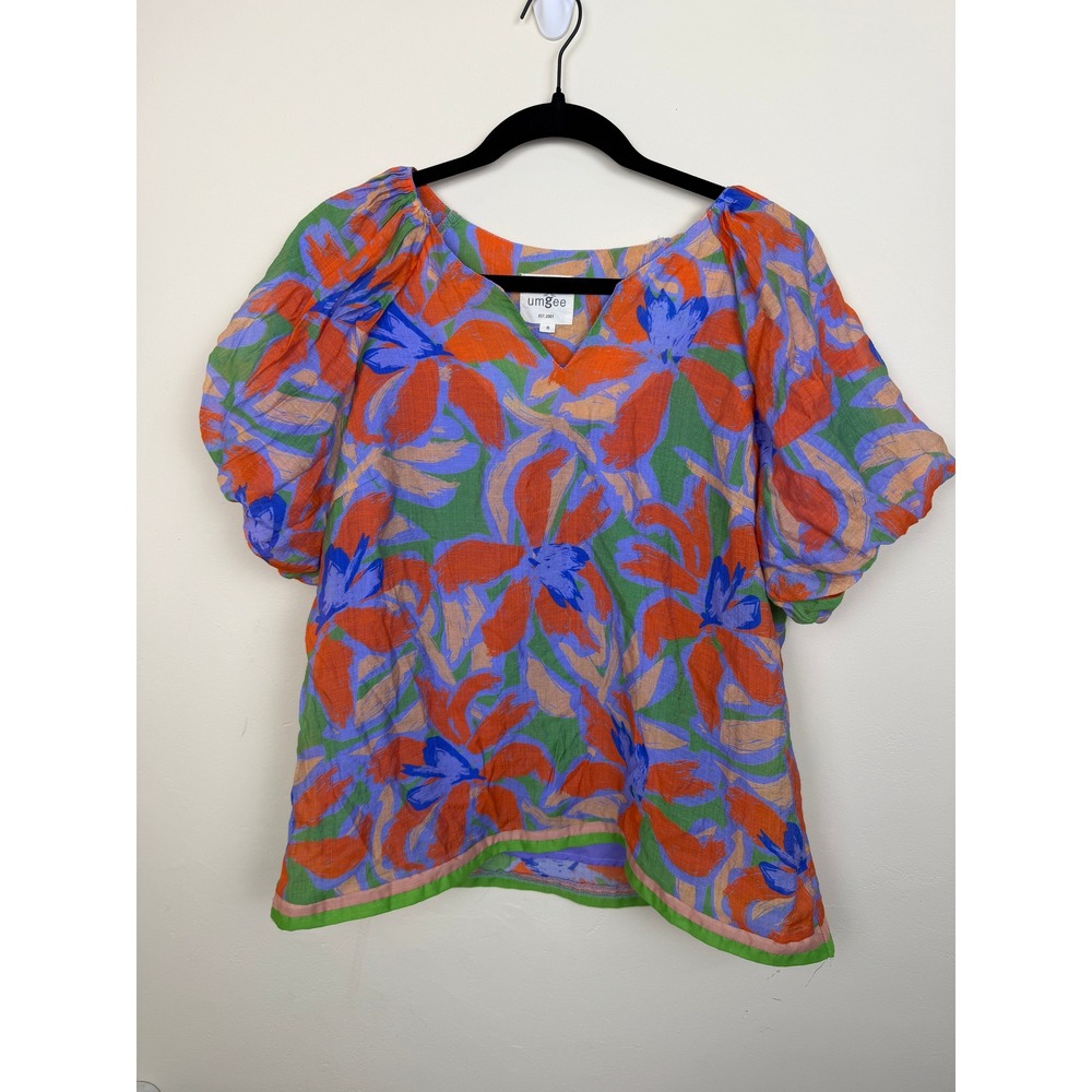 Umgee Blouse Women's M Colorful Floral Puff Sleeve Green Orange Blue Boho